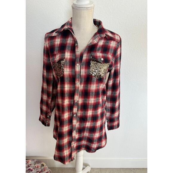 Southern Fried Chics Red and Navy Sequin Accented Button Down Flannel - M - Picture 1 of 4